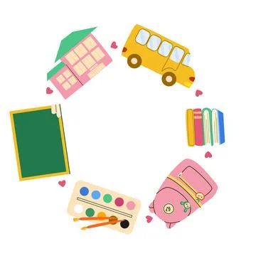 Cute Back to School supplies frame, flat vector illustration isolated on whit Stock Illustration
