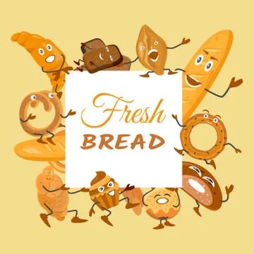 Cute background with bread characters. Wheat, rye and whole grain bread. Funn Stock Illustration