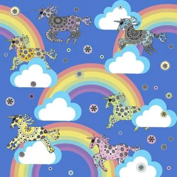 Cute background with cartoon unicorns in the clouds Illustrazione stock