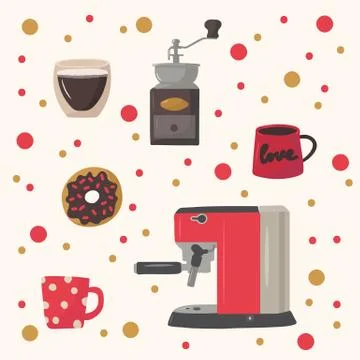 Cute background of coffee drinks and food. Hand-drawn pattern for kitchen or Stock Illustration