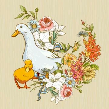 Cute background with ducks and flowers Illustrazione stock