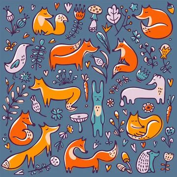 Cute background with foxes and floral elements Stock Illustration