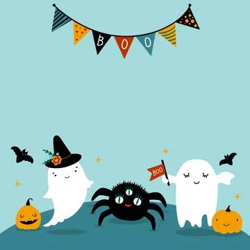 Cute background with ghosts, black spider and cute pumpkins for a happy hallo Stock Illustration