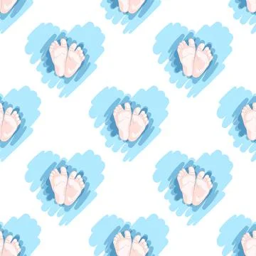 Cute background with hand drawn blue hearts and baby feet for baby design Stock Illustration