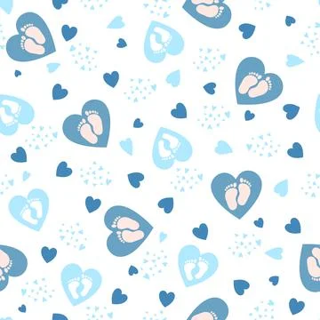 Cute background with hand drawn blue hearts and baby feet for baby design Stock Illustration