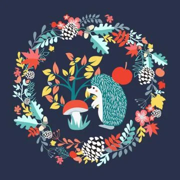 Cute background with Hedgehog and fall forest set illustration. Stock Illustration