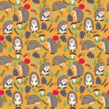 Cute background with Hedgehog forest set Stock Illustration