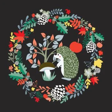 Cute background with Hedgehog forest set illustration Stock Illustration