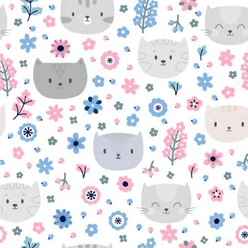 Cute background. Kids seamless pattern with cats. Funny animals on dark bac.. Stock Illustration