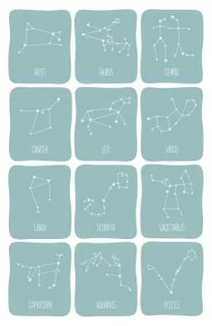 Cute background with schematic hand drawn zodiac constellations 库存插图
