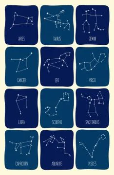Cute background with schematic hand drawn zodiac constellations Stock Illustration