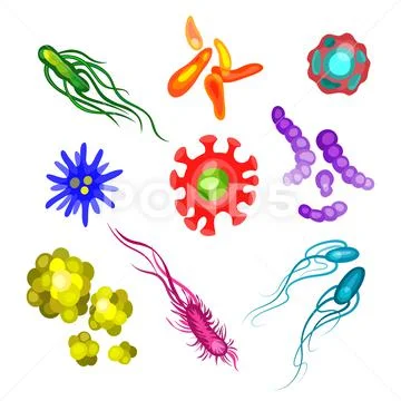 Cute bacteria, virus, germ cartoon character set. Microbe and pathogen ...