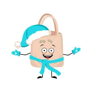 Cute bag character in Santa hat with happy emotion, joyful face, smile eyes Stock Illustration