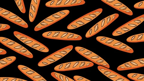 Cute Baguette Bread Seamless Pattern Background Cartoon Bakery Illustration, Stock Footage 347758093