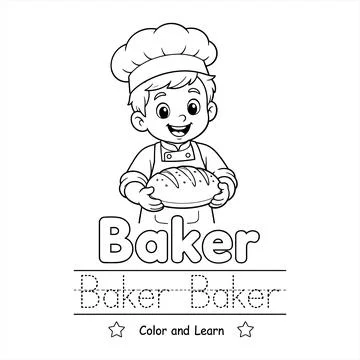 Cute Baker Handwriting Tracing and Coloring Page Vector Stock Illustration