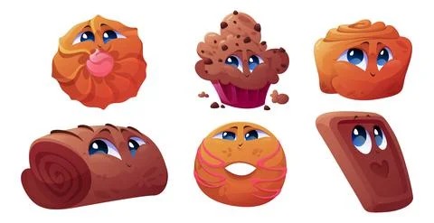 Cute bakery characters, cake, cookie, roll, donut Illustrazione stock