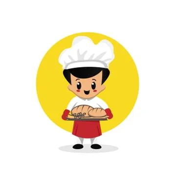 Cute bakery chef boy mascot and logo design isolated on white background Illustrazione stock