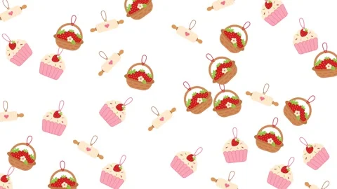 Cute Bakery Theme Hanging Tags Pattern with Cupcakes and Strawberry Baskets Stock Footage 345539387