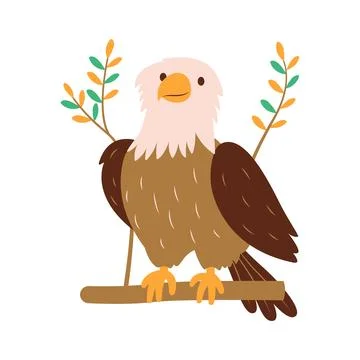 Cute Bald Eagle Hawk Falcon Bird Animal Perched on Tree Twig in the Jungle 스톡 일러스트