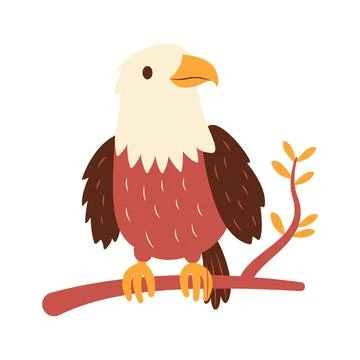 Cute Bald Eagle Hawk Falcon Bird Animal Perched on Tree Twig in the Jungle Stock Illustration