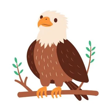 Cute Bald Eagle Hawk Falcon Bird Animal Perched on Tree Twig in the Jungle Stock Illustration