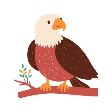 Cute Bald Eagle Hawk Falcon Bird Animal Perched on Tree Twig in the Jungle Stock Illustration