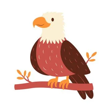 Cute Bald Eagle Hawk Falcon Bird Animal Perched on Tree Twig in the Jungle 스톡 일러스트