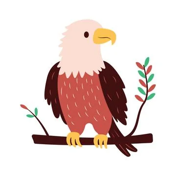 Cute Bald Eagle Hawk Falcon Bird Animal Perched on Tree Twig in the Jungle 스톡 일러스트