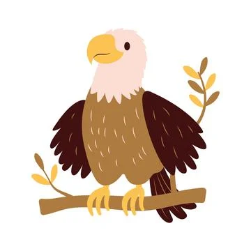 Cute Bald Eagle Hawk Falcon Bird Animal Perched on Tree Twig in the Jungle Stock Illustration