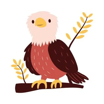 Cute Bald Eagle Hawk Falcon Bird Animal Perched on Tree Twig in the Jungle Stock Illustration