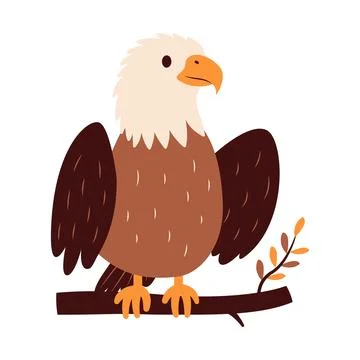 Cute Bald Eagle Hawk Falcon Bird Animal Perched on Tree Twig in the Jungle Stock Illustration