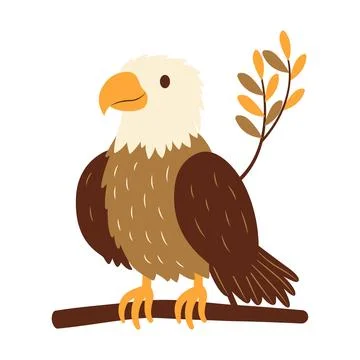 Cute Bald Eagle Hawk Falcon Bird Animal Perched on Tree Twig in the Jungle Stock Illustration
