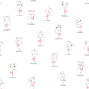 Cute ballerina cat dancing ballet in pink tutu seamless pattern. 스톡 일러스트
