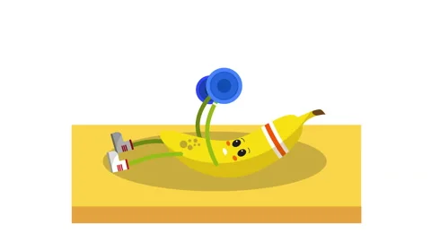 Cute banana character doing bench press workout with a barbell animation loop Stock Footage 114715958