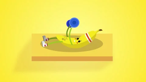 Cute banana character doing bench press workout with a barbell animation loop Stock Footage 132815316
