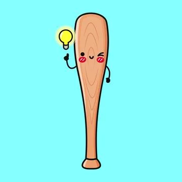 A cute baseball bat character with a lightbulb, winking with a happy expressi Stock Illustration