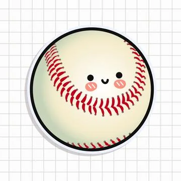 A cute baseball with a smiling face and rosy cheeks, set against a grid backg Stock Illustration