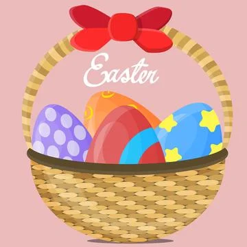 Cute basket with colored eggs and a beautiful red bow for Easter Stock Illustration