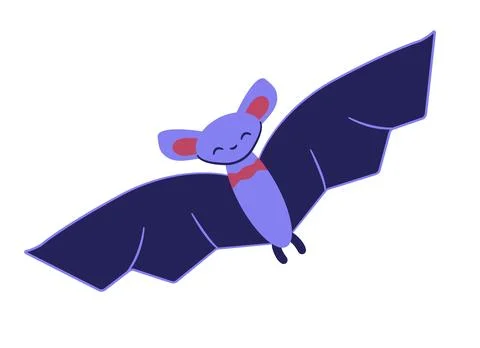 Cute bat in flight. Flying smiling animal. Chiropteran Mammal. Character for a Stock Illustration