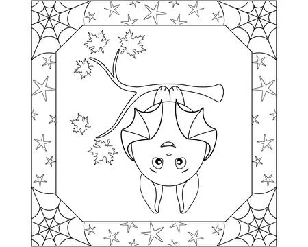 A cute bat hanging upside down in a square frame with cobwebs and stars Stock Illustration