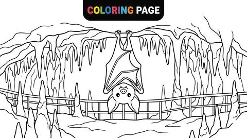 Cute Bat Hanging Upside Down in a Cave Coloring Page. Stock Illustration