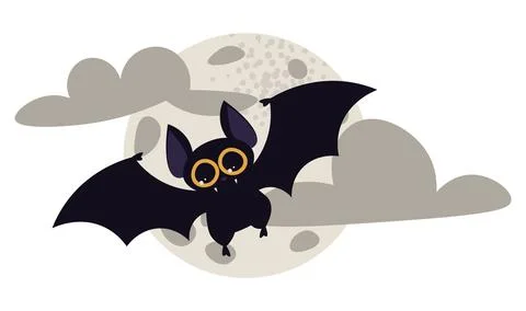 Cute Bat with Moon and Clouds Flat Vector Illustration Isolated on White Stock Illustration