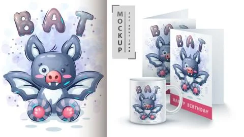 Cute bat poster and merchandising. Stock Illustration