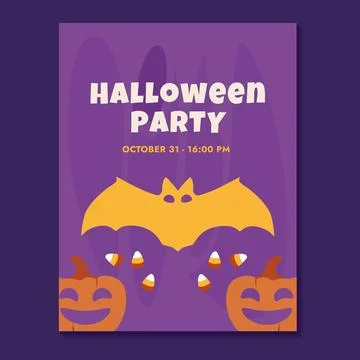 Cute bat, pumpkins and candy corn. Flyer invitation to a Halloween party on.. Stock Illustration