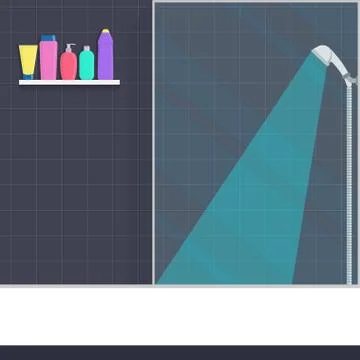 Cute bathroom in flat style shower cabin, shower, shelf with soap, shampoo, c Stock Illustration