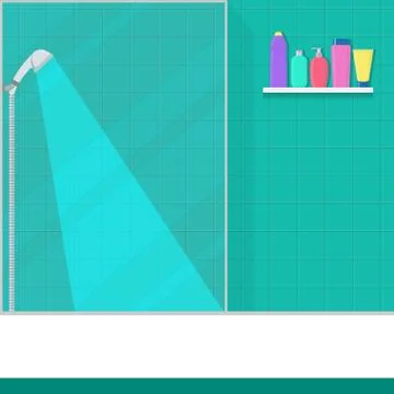 Cute bathroom in flat style shower cabin, shower, shelf with soap, shampoo, c Stock Illustration