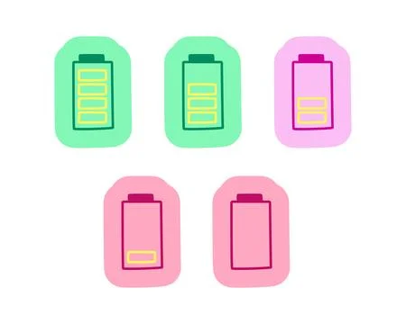 Cute battery level status hand drawn line sticker pack Illustrazione stock
