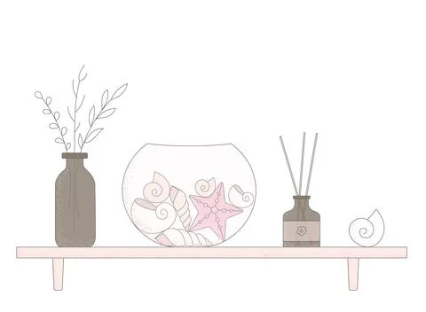 Cute beach interior decor with vase, bowl with seashellfs, aroma diffuser on Stock Illustration