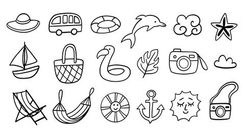 Cute Beach Shapes Summer Boho Doodle Sketch Set Stock Illustration