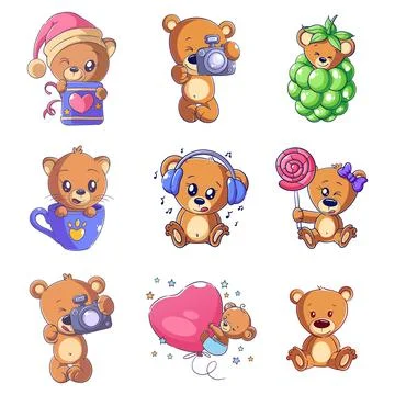 Cute bear with accessories, hand drawn style set Stock Illustration